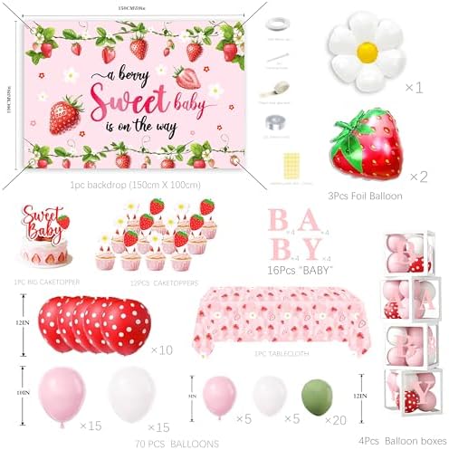 96Pcs Strawberry Baby Shower Decorations for Girl, Berry Sweet Theme Party Supplies with 4 Baby Boxes, 5x3ft Backdrop, Red Pink Balloon Garland Arch & Tablecloth for Summer Fruit Decor - Image 2