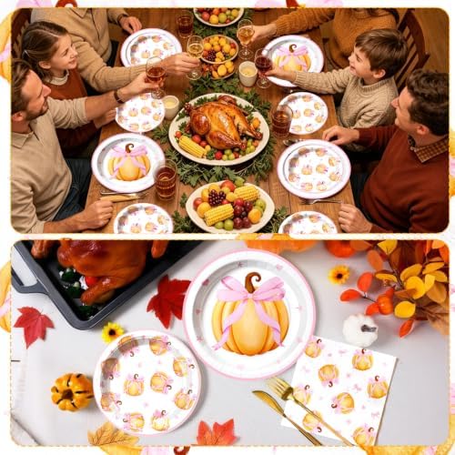 60 Pcs Pink Bow Pumpkin Paper Plates and Napkins Sets,Serves 20 - Image 7