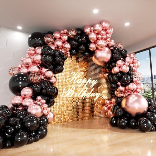 Rose Gold and Black Balloon Arch Kit, ADOINBY 140Pcs Metallic Rose Gold Black Balloon 18 12 10 5 Inch Different Size Balloons for Birthday Party Bridal Shower Wedding Engagement Anniversary Decoration by ADOINBY