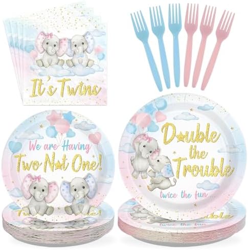 96Pcs Elephant Twins Baby Shower Decorations for Twins Serves 24 by Greencian