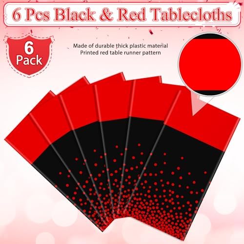 MASHAN 6Pcs Black and Red Tablecloth Party Decorations,Plastic Black Table Cloth Printed Red Table Runner Disposable Rectangle Cover for Birthday Weeding Anniversary Graduation Party,54 x108 Inch - Image 4