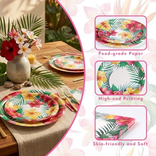 80 PCS Floral Paper Plates, Hawaiian Floral Paper Plates and Napkins Party Supplies for Hawaiian Party Birthday Summer, Serve for 20 Guests - Image 2