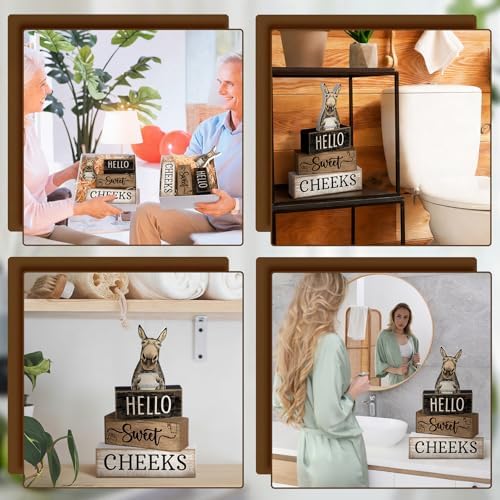 Moucuny 4 Pcs Hello Sweet Cheeks Bathroom Decor Wooden Signs Donkey - Image 6