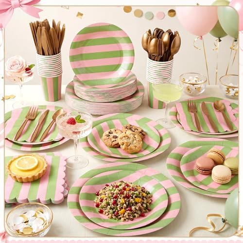 Mimorou 350 Pcs Pink and Green Striped Party Tableware for 50 - Image 2