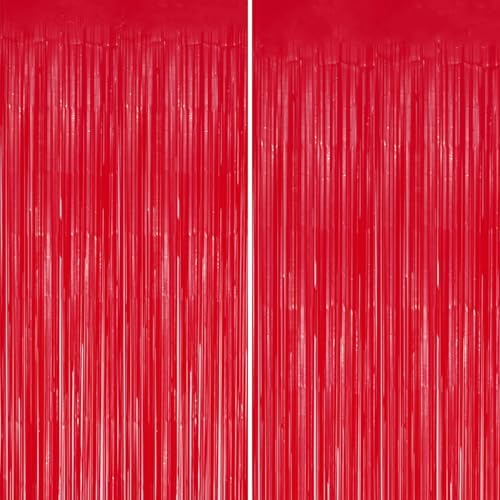 DECOCKRAT 2 Pack Foil Fringe Backdrop - Pastel Red Shiny Tinsel Curtains for Party Decoration/Photo Booth Props - 3.3x6.6 FT Metallic Foil Backdrop for Birthday, Wedding, Graduation, Christmas. by DECOCKRAT