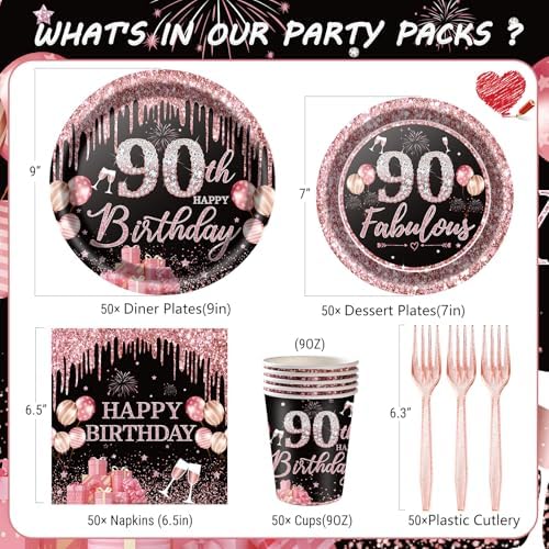 250PCS 90th Birthday Party Decorations for 50 Guests Black and Rose Gold Party Supplies for Women Include Disposable Paper Plates, Napkins, Cups, and Disposable Plastic Cutlery (90) - Image 2
