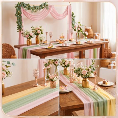 Boao 6 Pcs Pink and Sage Green Party Decorations Chiffon Table Runner - Image 5