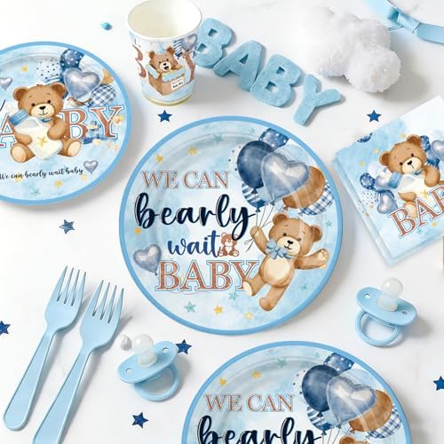 NeoRov 222 Pcs Blue Bear Baby Shower Decorations Tableware Set - Image 4