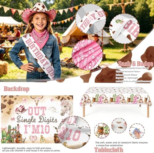Out Single Digits I’M 10 Cowgirl Birthday Decorations for Girl, Pink Rodeo Party Decoration 10 Year Old Western Party Supplies with Double Digits Backdrop, Banners, Tablecloth, Cake Cupcake Topper - Image 5
