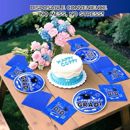 Graduation Plates and Napkins 2025 – 200PCS Blue Graduation Party Decorations Pack, Disposable Paper Plates & Napkins for 50 Guests – Perfect for 2025 Congrats Grad Party Supplies - Image 4