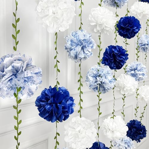 Blue and White Floral Royal Blue Tissue Flowers Pom Pom with Sage Green Leaf Ribbon Hanging Streamer Garland for Birthday Wedding Shower Engagement Chinoiserie Themed Party Decorations Supplies - Image 4