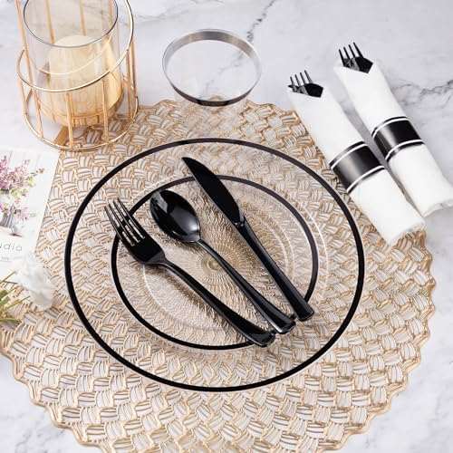 Goodluck 350 Pcs Clear Plastic Plates with Black Rim, Plastic Dinnerware - Image 3