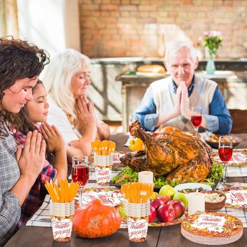 175 Pcs Thanksgiving Tableware Set - Serves 25, Harvest-Themed Disposable Plates, Cups, Napkins, Plastic Forks, Spoons, Knives for Thanksgiving Day Dinner, Fall Party Supplies, Autumn Gatherings - Image 5