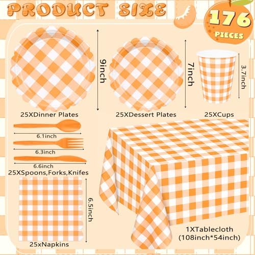 WNINK 175 PCS Orange Gingham Plates and Napkins, Orange Checkered Disposable Plates Set with Napkins Cups Plastic Spoons Forks Knives for Dinner Birthday Baby Shower Wedding Supplies Serve 25 Guests - Image 5