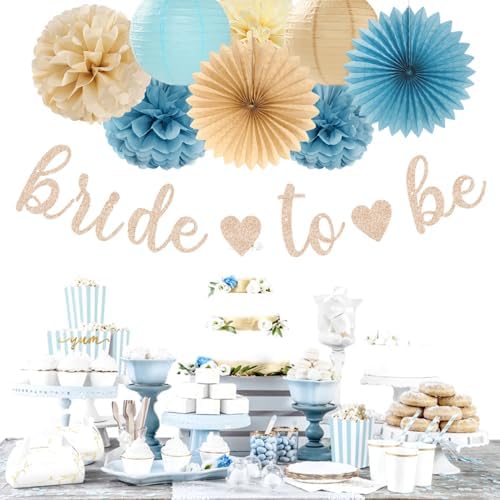 Light-Dusty Blue Beige-Champagne Bridal-Shower Party-Decorations - 31pcs Bride to Be Banner,Boho Neutral Bachelorette Paper Lanterns,Wedding Garland,Tissue Pom Poms Flower Fan Decor Supplies Burgleda - Image 4