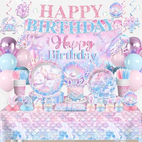 Mermaid Theme Birthday Decorations Plates and Napkins, Backdrop for Party by Unknown