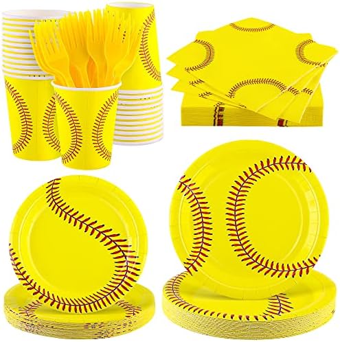 durony 144 Pieces Softball Paper Plates and Napkins Dinnerware Set Softball Birthday Party Tableware Supplies Includes Paper Plates Napkins Forks Serve 24 for Sports Party Supplies by durony