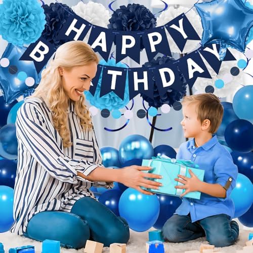 Navy Blue Birthday Decorations, Happy Birthday Banner with Paper Pompoms, Hanging Swirls, Garland, Party Balloons Happy Birthday Party Decorations for Women Men Boys Girls - Image 6