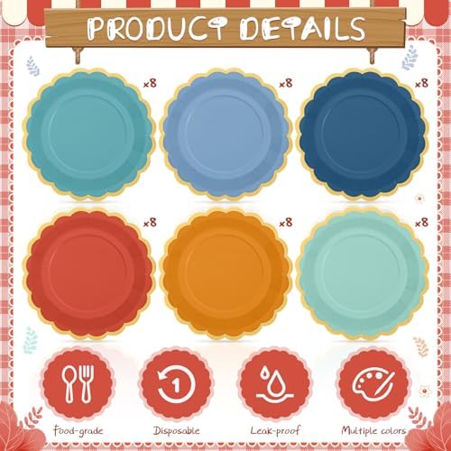 48 Pcs Colorful Paper Plates 9 Inch Scalloped - Image 3