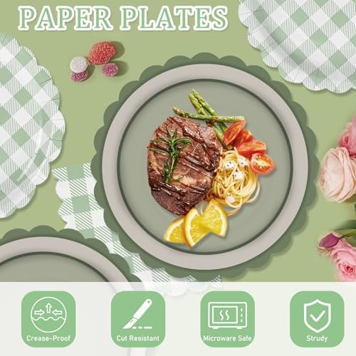 150 Pcs Sage Green Gingham Party Supplies, Green Plaid Scalloped Plates 9 Inch Disposable Checkered Dinner Dessert Plates and Cocktail Napkins for Birthday Wedding Baby Shower BBQ Party, Serve 50 - Image 5