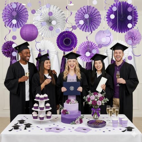 Meiduo 34 Pcs Purple Party Decorations, Paper Fans, Lanterns, Pom Poms Set - Image 5