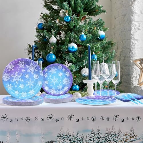 96 Pieces Snowflake Winter Party Supplies Set - Blue White Snowflake Design Disposable Tableware with Paper Plates, Napkins, Forks for Christmas, Winter Wonderland, Frozen-Themed Birthday Decorations - Image 4