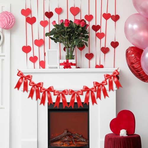 2 Strings of 16PCS Red Bow Garlands Banner Decoration,Pre-Strung Satin Ribbon Ornaments for Birthday,Bachelorette Party, Bridal Shower,Wedding,Engagement, Baby Shower,Graduation Decor,Valentine's Day - Image 5