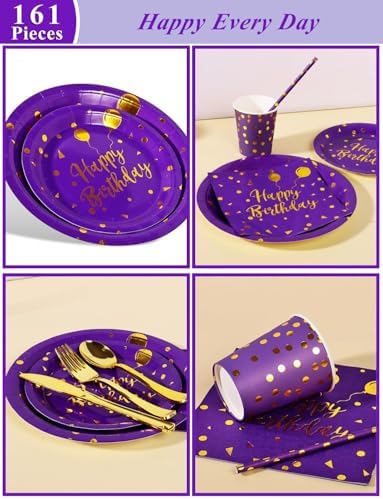 Nkaiso 161 Pcs Purple Gold Birthday Plates and Napkins Set -20 Serves - Image 2