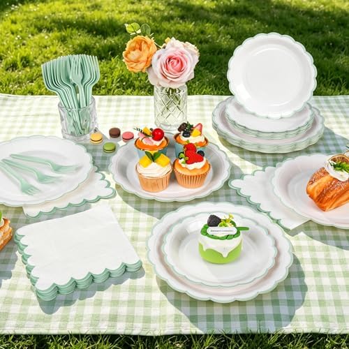 96 Pcs Sage Green and White Paper Plates and Napkins Set Include 9'' White Dinner Plates with Sage Green Scalloped Rim, 7'' Dessert Plates, Napkins & Forks for Baby Shower Wedding Birthday - Image 7