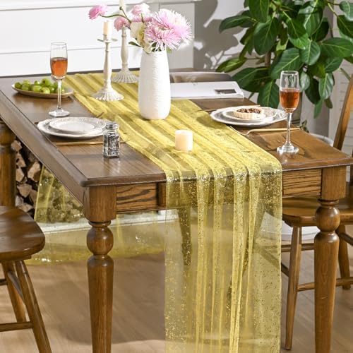 Artoid Mode Light Yellow Gold Gauze Table Runner 120 Inch 10FT, Glitter Metallic Foil Sheer Dining Wedding Anniversary Holiday Birthday Table Decor for Home Party - Image 3