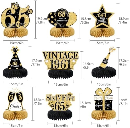 9Pcs 65th Birthday Decorations Honeycomb Centerpieces for Men Women, Black Gold Happy 65th Birthday Centerpieces Tables Toppers Party Decorations Supplies, Vintage 1961 Aged Table Sign Decor - Image 2