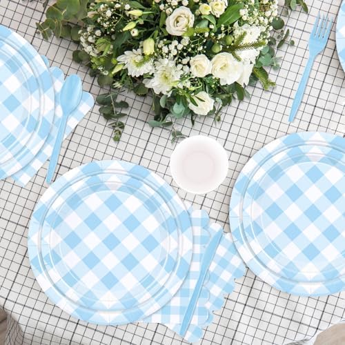 176 PCS Light Blue Gingham Round Plates and Napkins, Blue Checkered Disposable Plates Set with Napkins Cups Plastic Spoons Forks Knives for Dinner Birthday Baby Shower Wedding Supplies Serve 25 Guests - Image 2