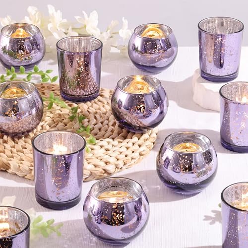 12 Pcs Assorsted Purple Votive Candle Holders for Tea Lights & Votives, Mercury Glass Candle Holder by DEVI