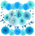 ZERODECO Party Decoration, 21 Pcs Blue Hanging Paper Fans, Pom Poms Flowers, Garlands String Polka Dot and Triangle Bunting Flags for Boy Birthday Parties, Bridal Showers, Baby Showers, Wedding by ZERODECO