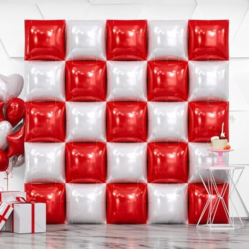 NISOCY 25PCS Red and White Square Foil Balloons Wall Backdrop by NISOCY