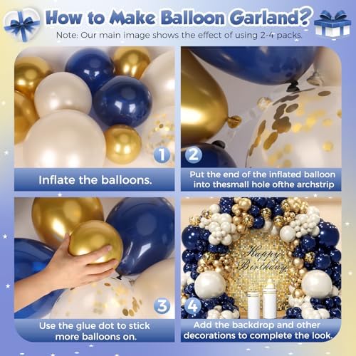 Navy Blue Gold Balloon Arch Garland Kit 153pcs, Double Stuffed Pearl White Royal Blue Chrome Gold Confetti Balloons for Birthday Graduation Baby Shower New Year Bridal Wedding Party Decoration - Image 4