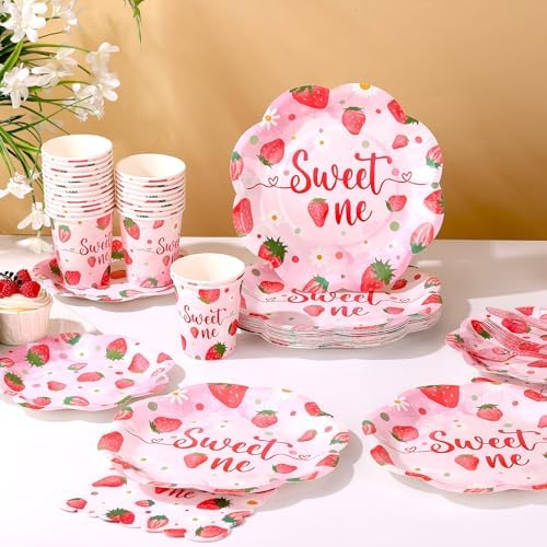 Strawberry First Birthday Decorations for Girl, Strawberry First Birthday Plates Serves 24, Strawberry Plates, Strawberry 1st Birthday Decorations, Berry Sweet One Birthday Party Decorations - Image 4