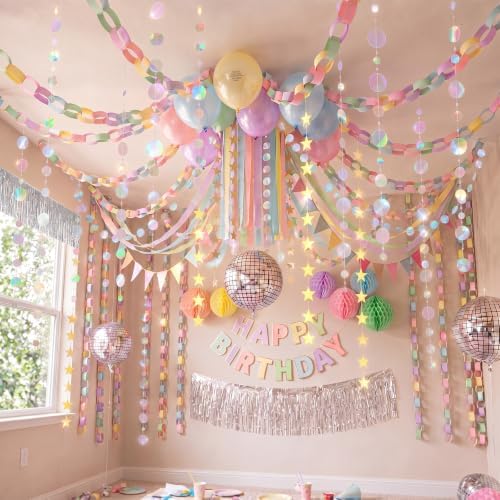 360 Pcs Birthday Party Decorations, 300 Sheets Paper Chain Strips 492ft Crepe Paper Streamers, Star Circle Foil Fringe Garland, Burlap Triangle Banners, Balloons, Honeycomb Balls, Banner - Image 5