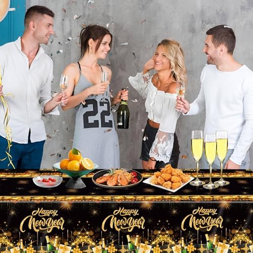 BCCSNNMN 3 Pcs Happy New Year Tablecloths,Rectangle Disposable Plastic Black Gold NYE Table Covers for New Years Eve Party Table Decorations Supplies 54" X 108" - Image 7