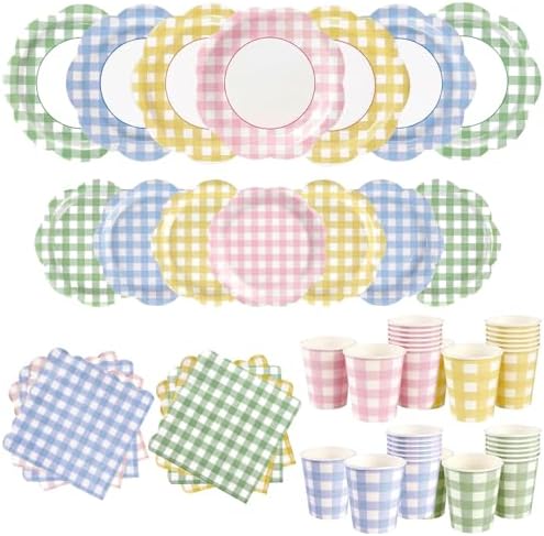 200Pcs Gingham Plates and Napkins Party Supplies in 4 Colors for 24 Guests by OuMuaMua