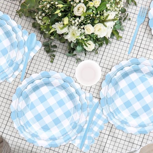 WNINK 176 PCS Light Blue Gingham Plates and Napkins, Blue Checkered Disposable Plates Set with Napkins Cups Plastic Spoons Forks Knives for Dinner Birthday Baby Shower Wedding Supplies Serve 25 Guests - Image 6