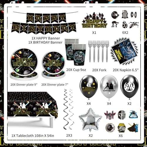 140 Galaxy Wars Birthday Party Decorations, All-in-One Party Supplies Set with Banner, Plates, Cups, Napkins, Balloons, Tablecloth, Hanging Swirls Stickers,Cake Topper,Star Theme Party Tableware Kit - Image 2
