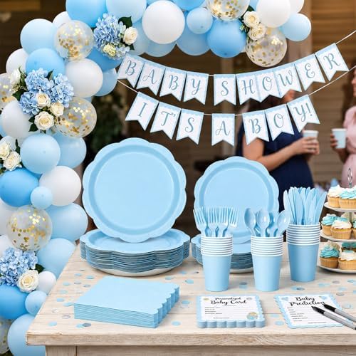 350 Pcs Blue Paper Plates and Napkins Party Supplies for 50 Guests, Food-Grade Thickened Disposable Tableware Set with Cutlerys, 7'' & 9'' Decagonal Plates for Boy Baby Shower Birthday Party - Image 7