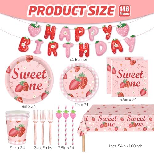 146Pcs Strawberry Plates and Napkins strawberry Party Supplies Includes Plates, Napkin, Fork, Cup, Straw, Tablecloth, Banner for Baby Shower Birthday Party Decorations, Serves 24 (Strawberry) - Image 6