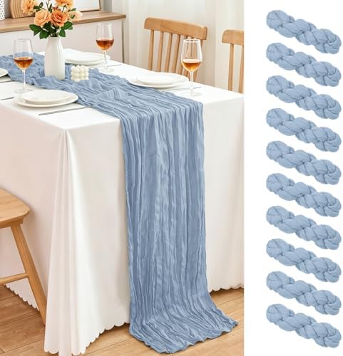 10 Pack Dusty Blue Cheesecloth Table Runner, 17x108 Inch Semi Sheer Boho Gauze Cheese Cloth Fabric Table Runners for Wedding Party Baby Shower Birthday Garden Farmhouse Table Decor by Yemosa