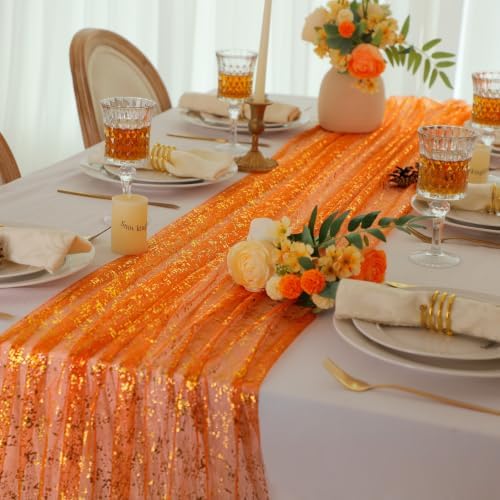 Orange Gold Table Runner Metallic Foil Shimmer Sheer Gauze Decor 10ft - Image 4