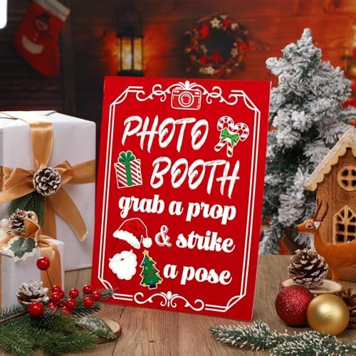 Briwooody Christmas Photo Booth Sign with Stand Retro Background Table - Image 4