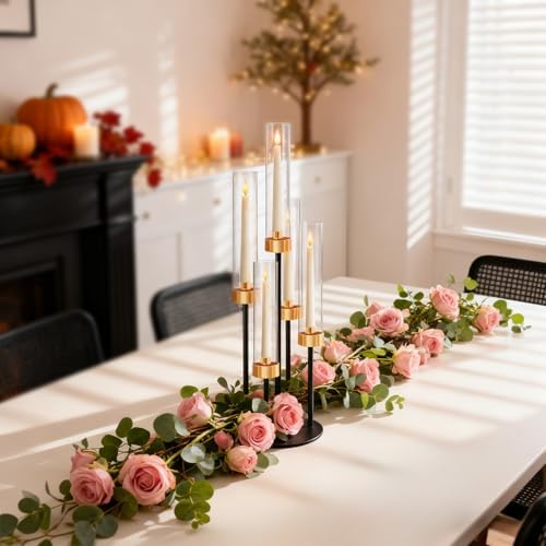 5-Arm Black Metal Table Candelabra Centerpiece, 22" Tall Clear Candlesticks Holder with Shade for Valentines Day Events Party Table Centerpiece,Fit LED Candles (4, Black+Gold, S-22in) - Image 7