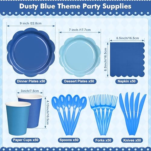 350 Pcs Blue Party Supplies Set - Blue Paper Plates and Napkins Set Include Gradient Blue Scalloped Paper Plate Napkin Cup Spoon Fork Knife for Birthday, Baby Shower, Wedding Forest Events - Image 2