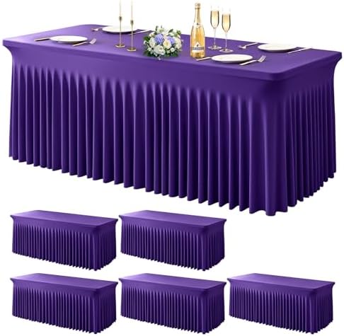 Wish Care 6 Pack Dark Purple Spandex Table Clothes for 6 Foot Rectangle Tables, 6FT Wrinkle Free Fitted Tablecloths Ruffles Design Table Cover for Party, Banquet, Wedding and Events by WishCare